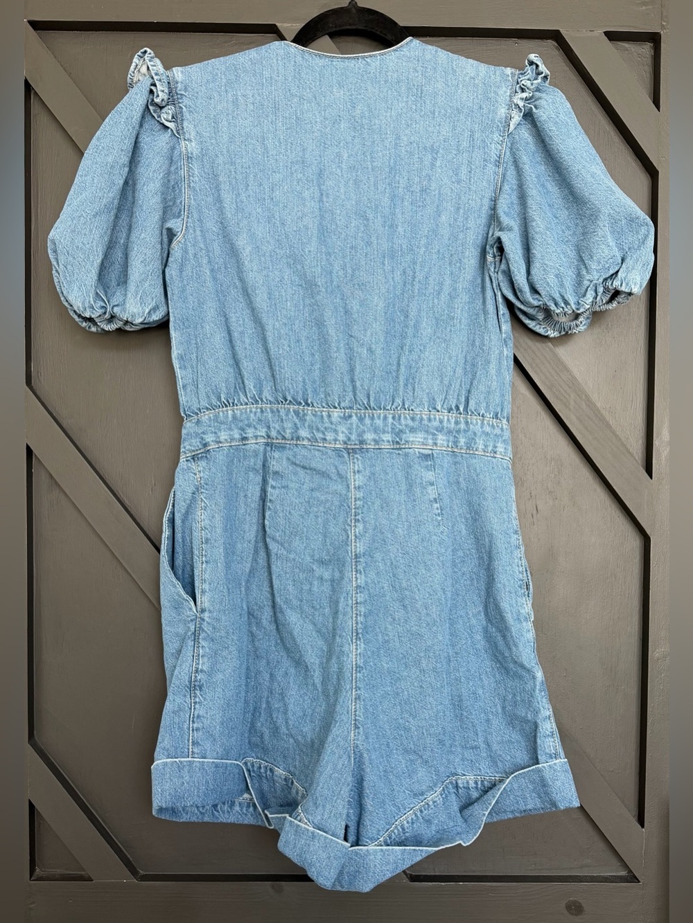 FARM Rio Denim Ruffled Puff Sleeve Romper, Size Small - Picture 11 of 11
